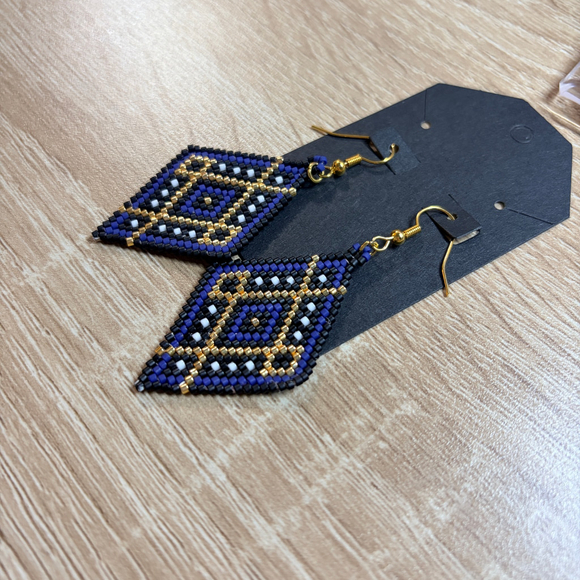 Hand Beaded Diamond Drop Earrings in Blue and Gold, Native American Style, - Picture 8 of 9